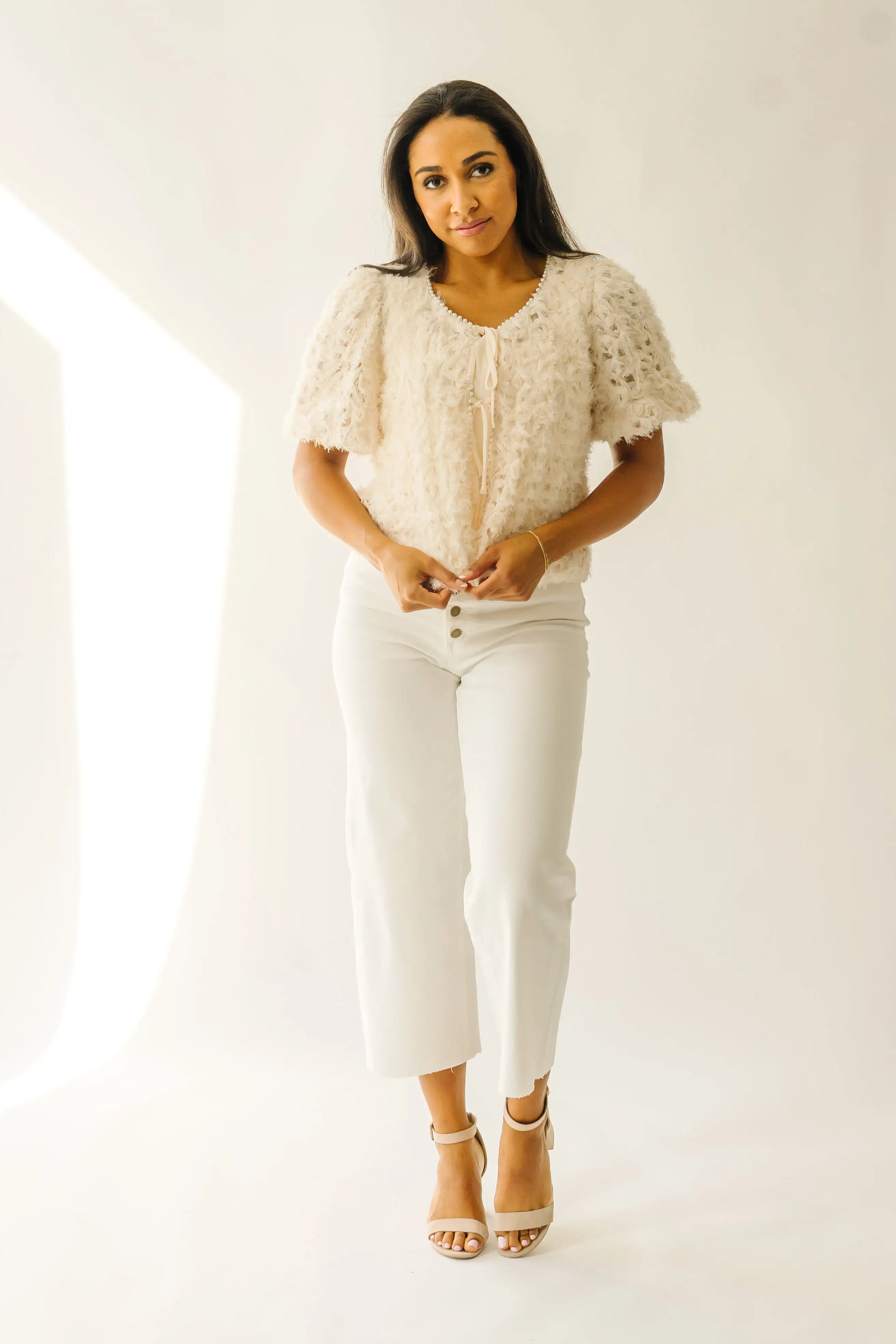 The Hagan Pearl Trim Textured Blouse in Cream