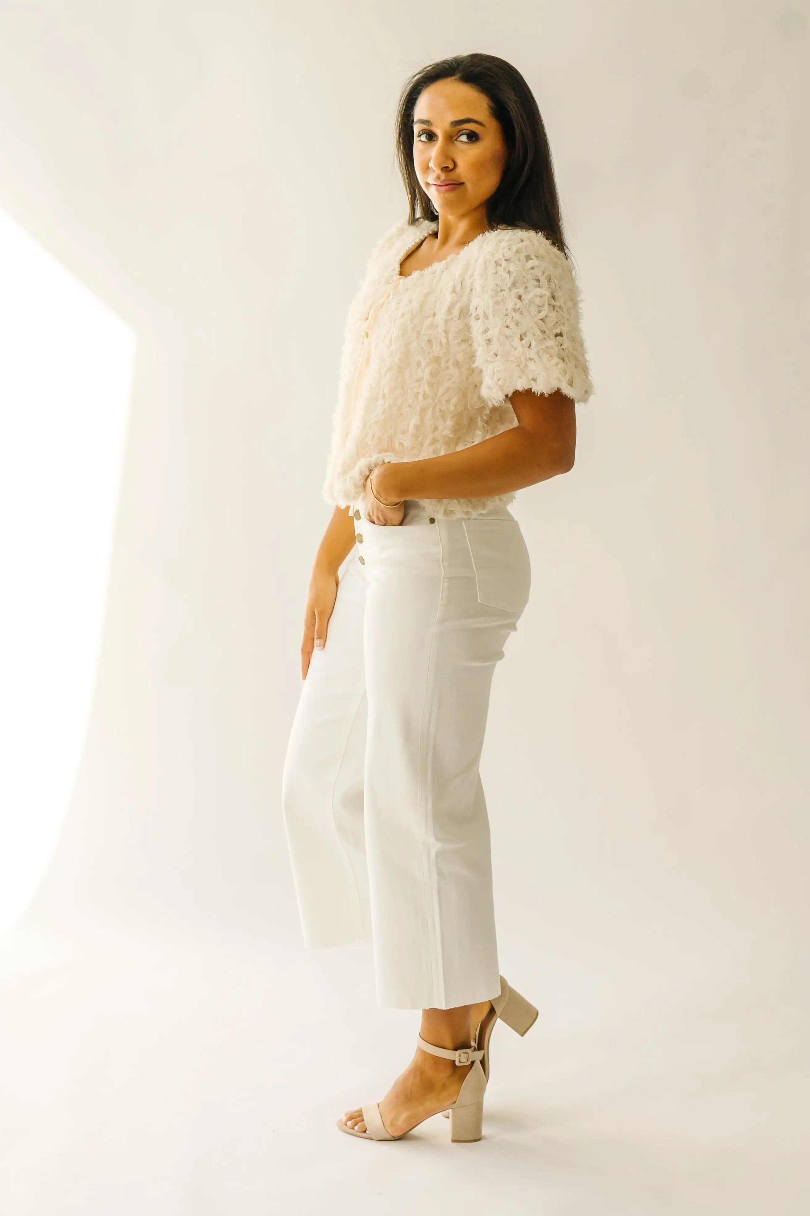 The Hagan Pearl Trim Textured Blouse in Cream