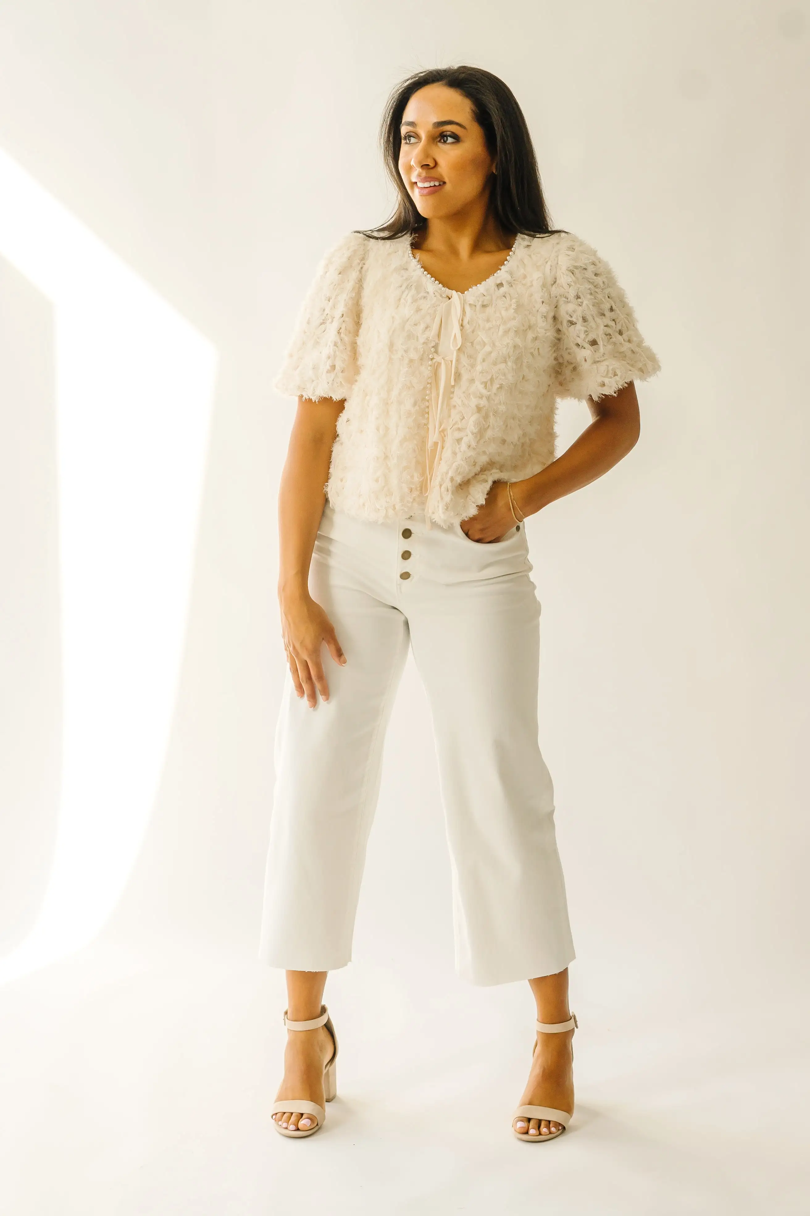 The Hagan Pearl Trim Textured Blouse in Cream