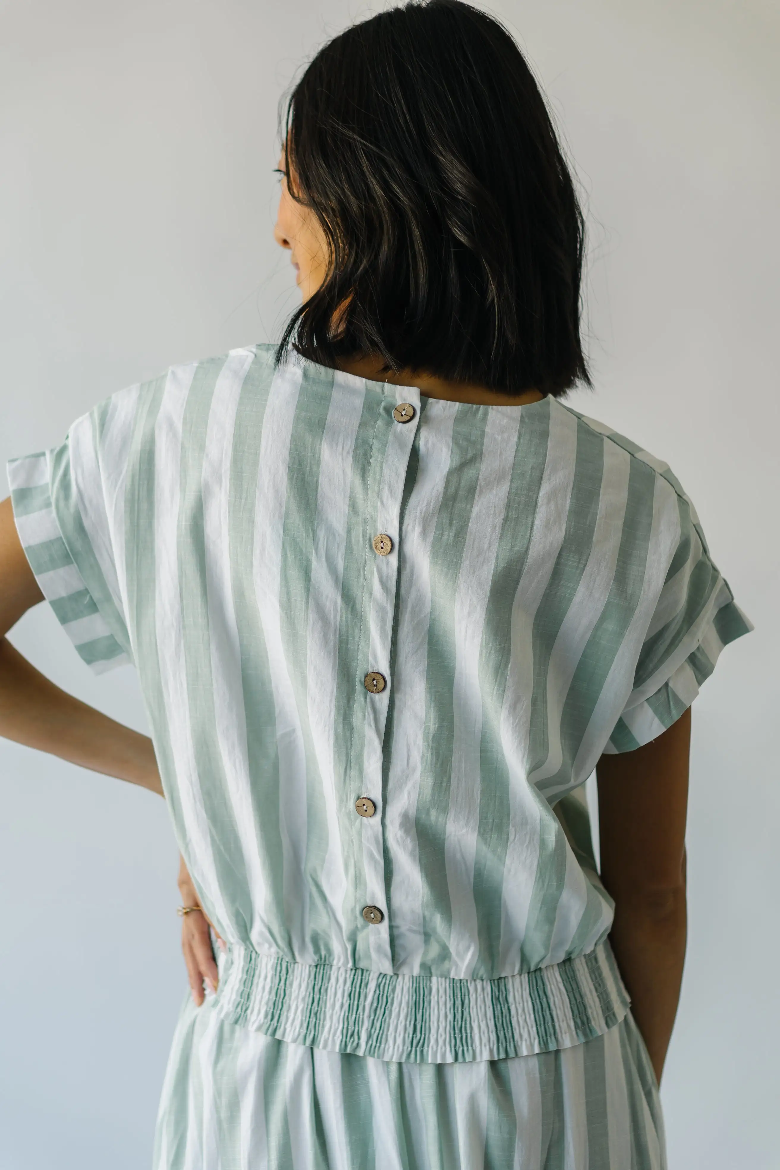 The Hamburg Button Detail Blouse in Sage Stripe