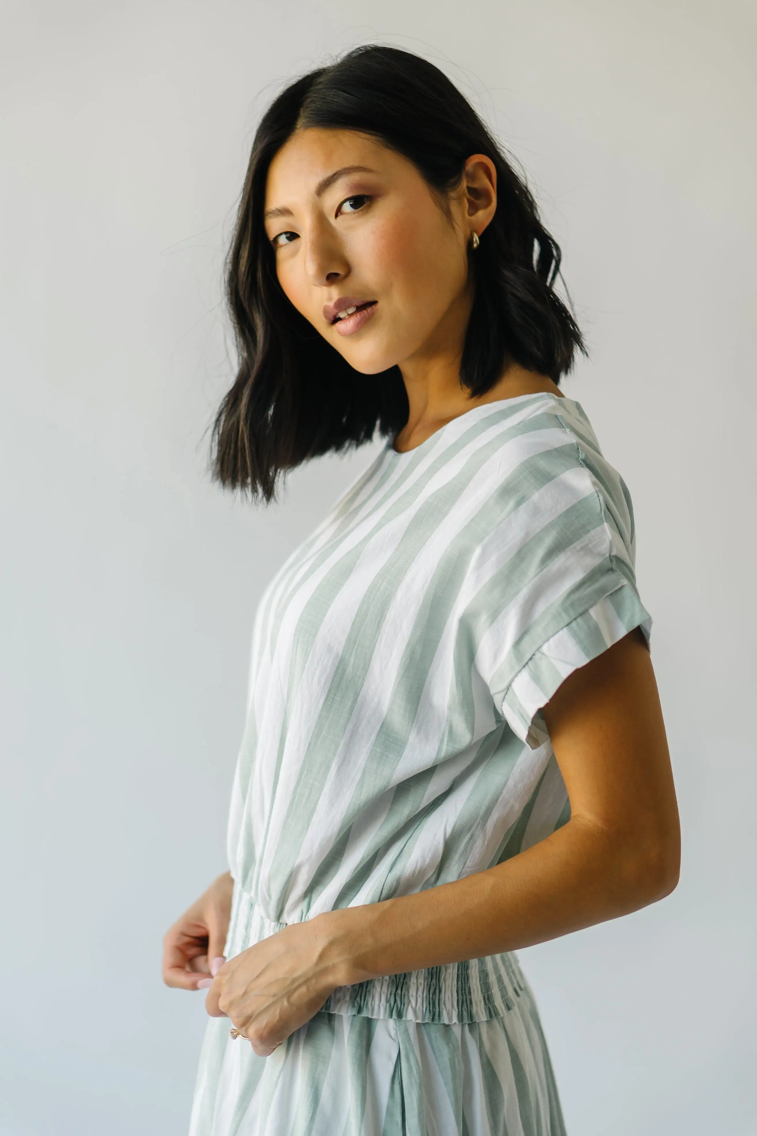 The Hamburg Button Detail Blouse in Sage Stripe