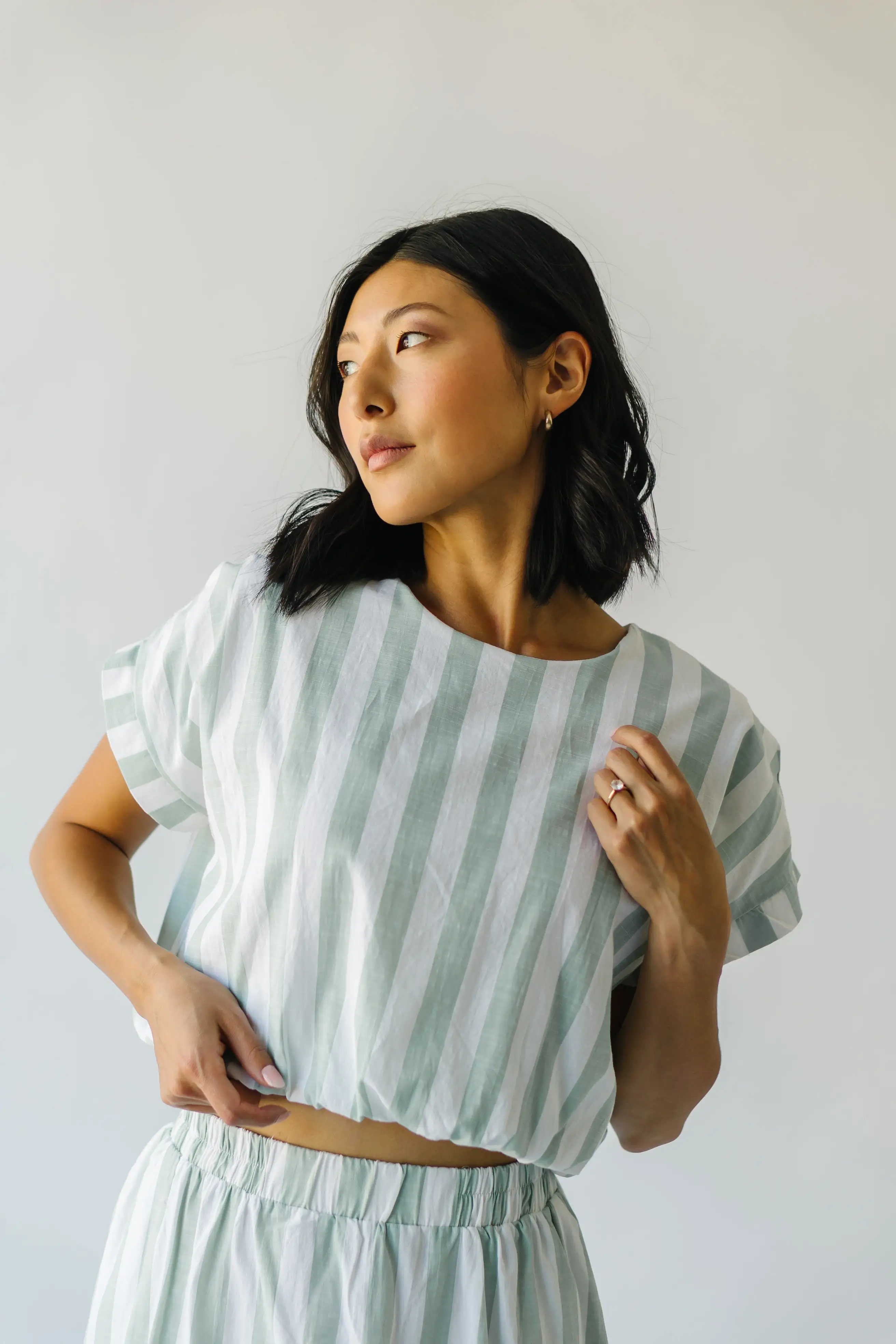 The Hamburg Button Detail Blouse in Sage Stripe