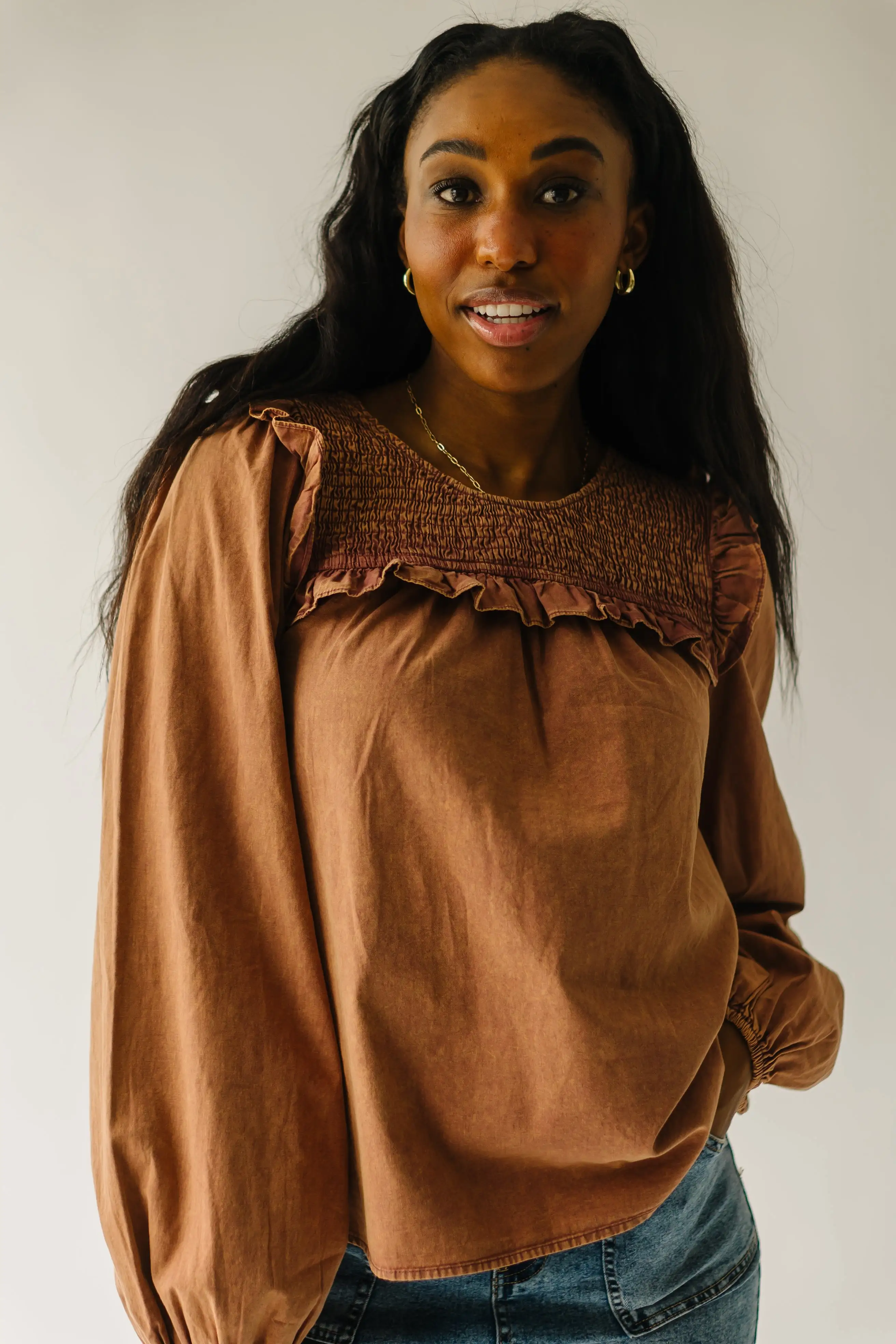 The Kalani Smocked Detail Blouse in Terracotta