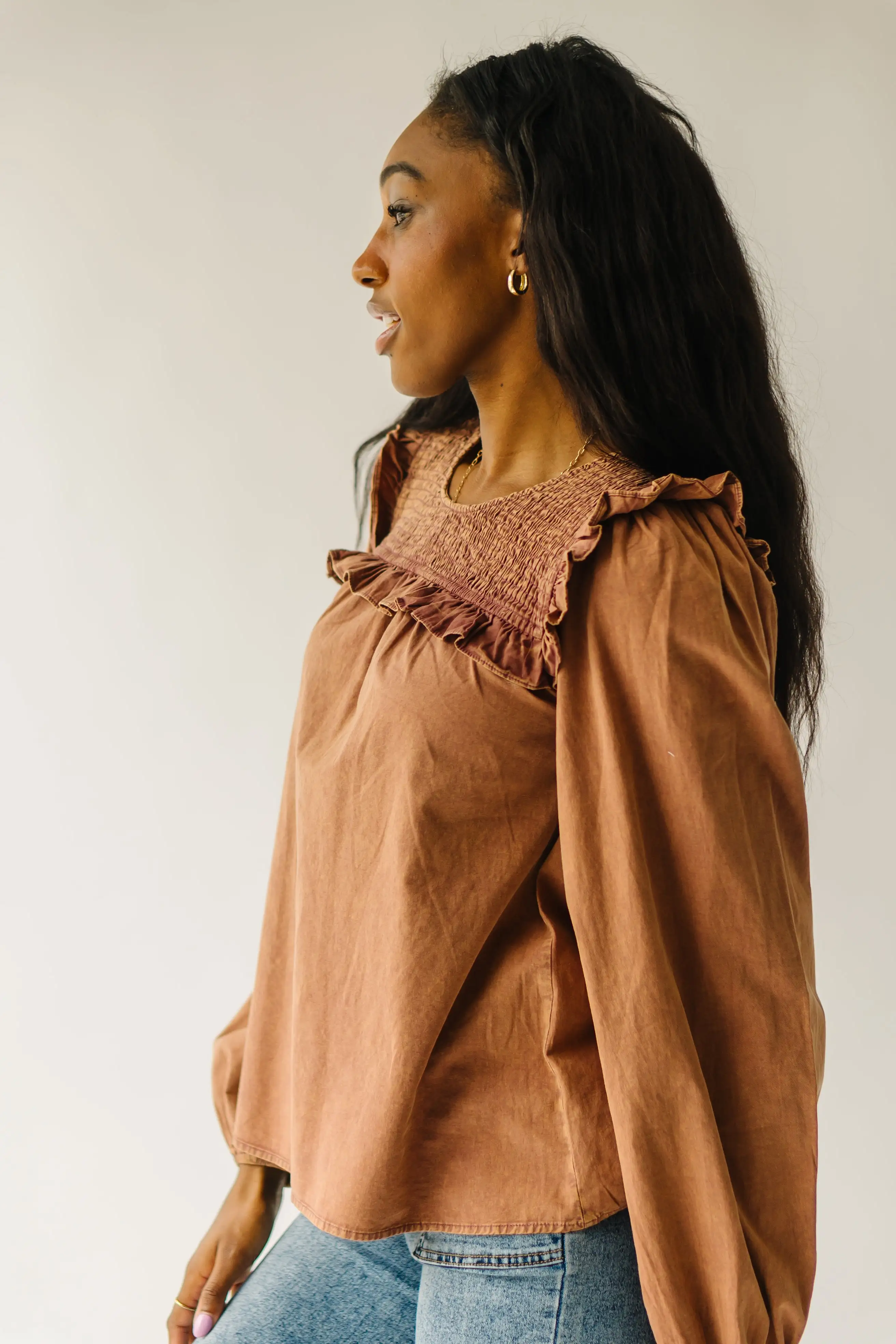 The Kalani Smocked Detail Blouse in Terracotta