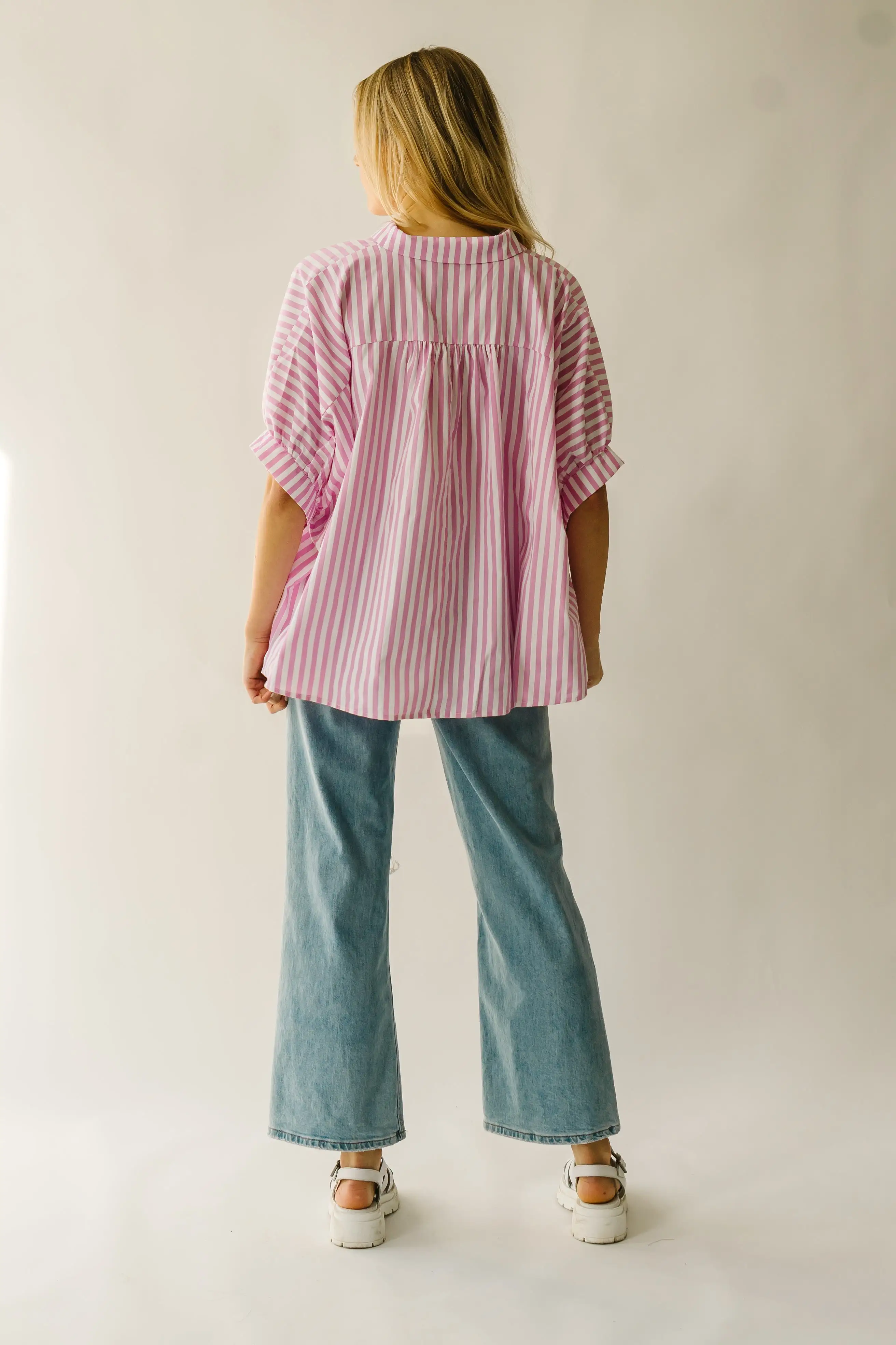 The Latham Oversized Button-Down Blouse in Pink + White Stripe