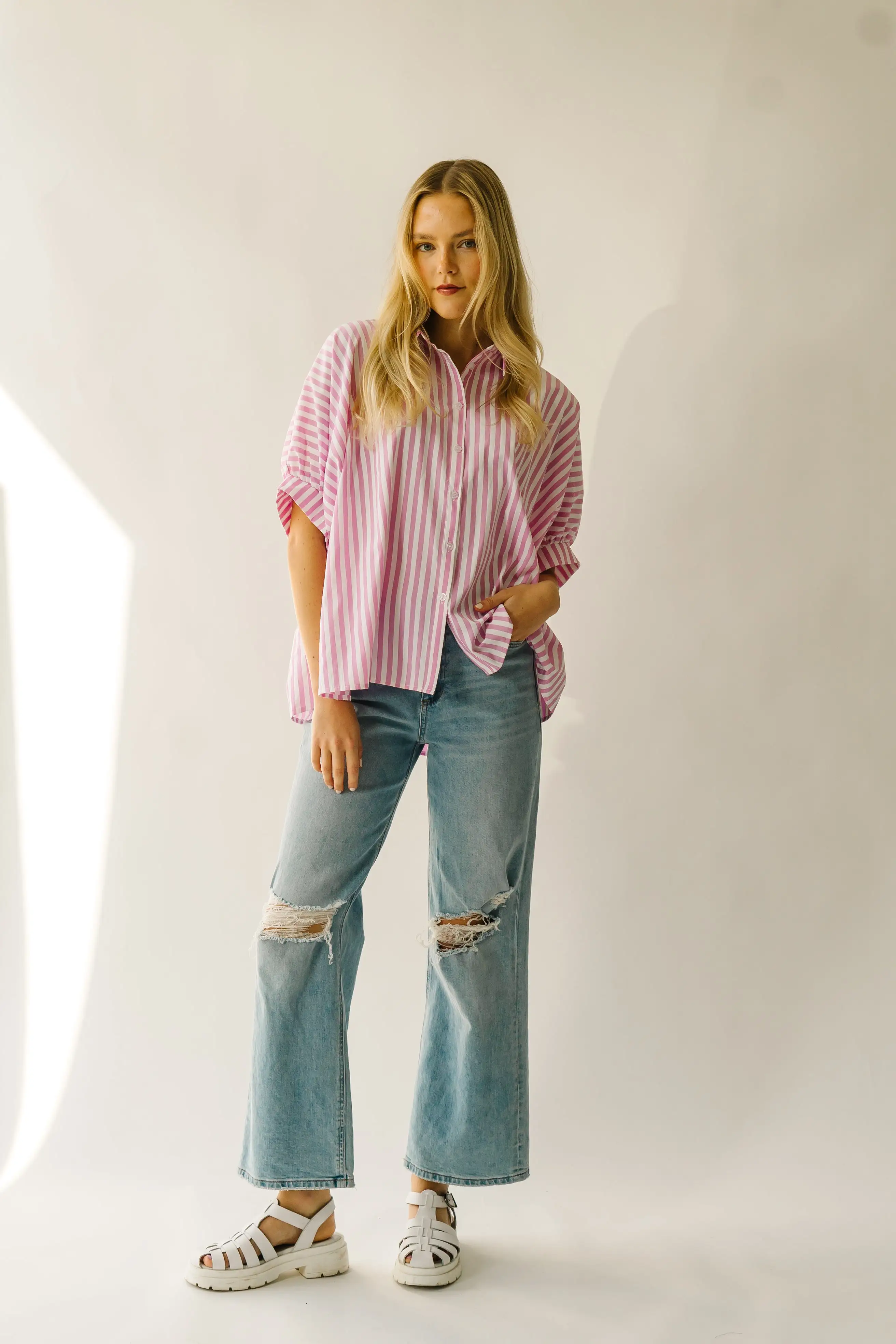 The Latham Oversized Button-Down Blouse in Pink + White Stripe