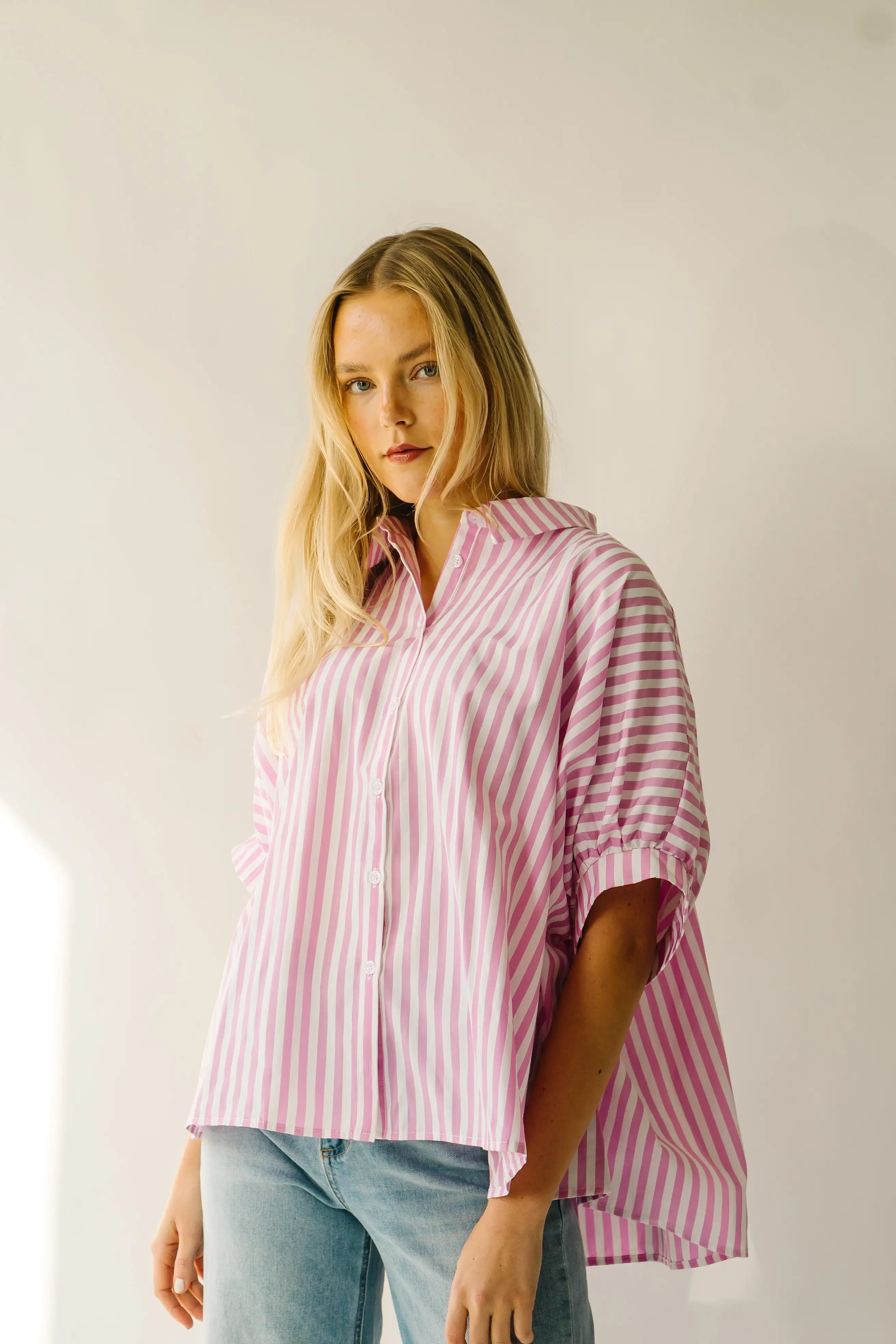 The Latham Oversized Button-Down Blouse in Pink + White Stripe