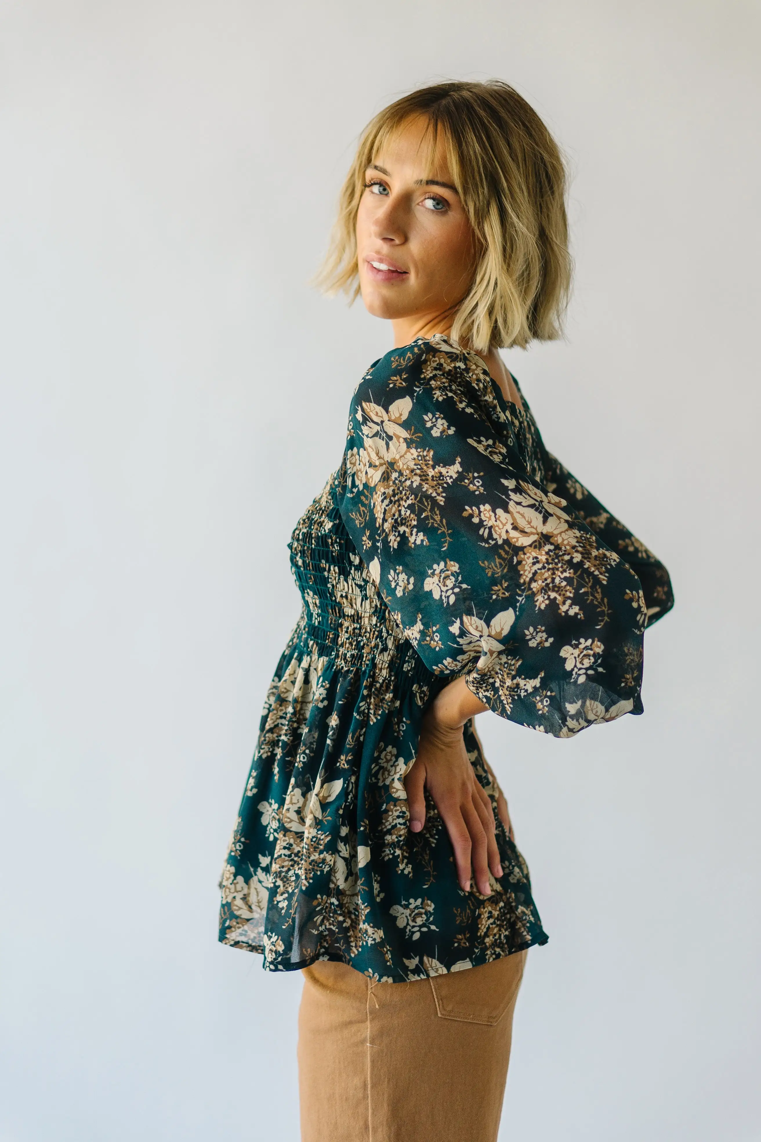 The Mableton Floral Balloon Sleeve Blouse in Navy Multi