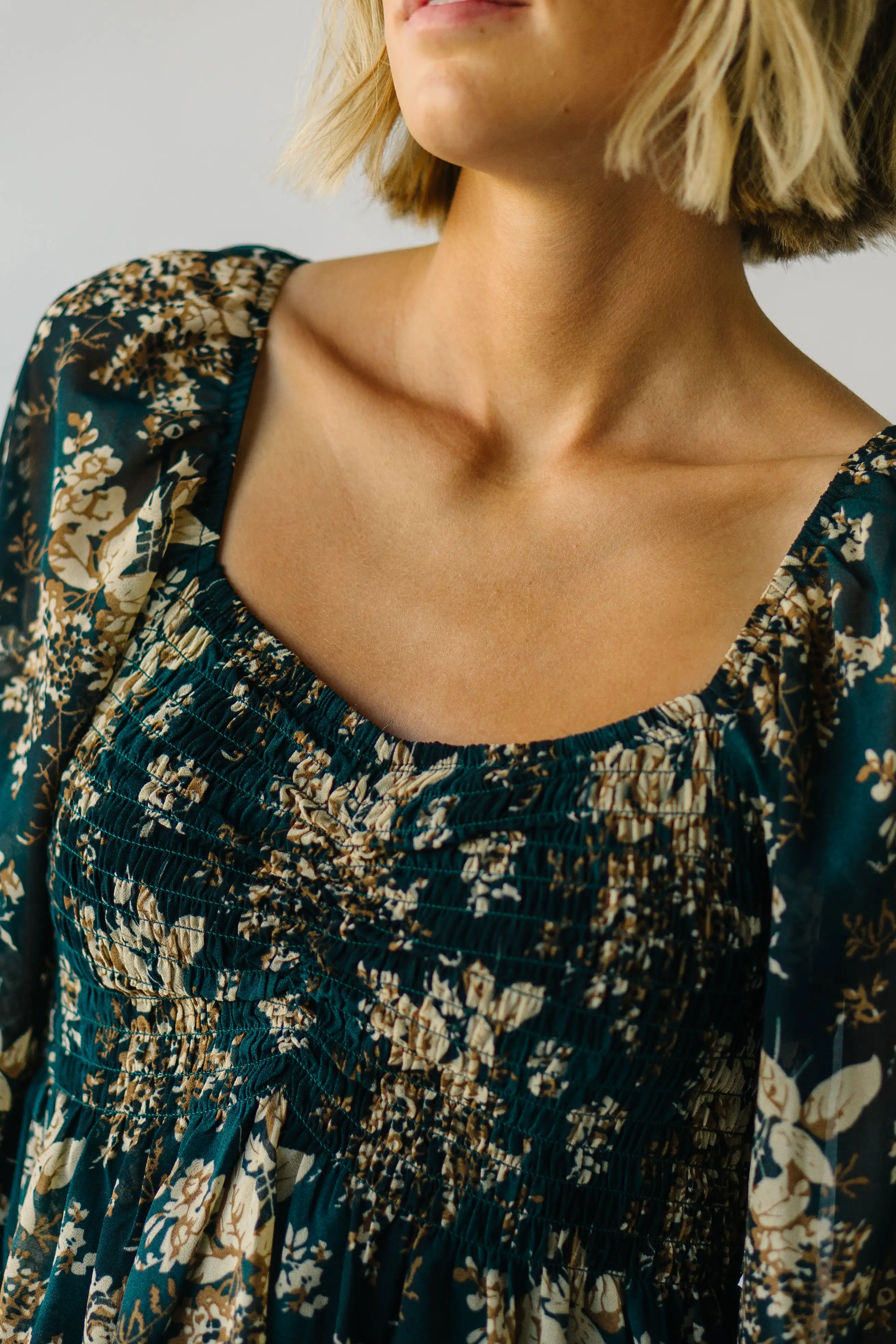 The Mableton Floral Balloon Sleeve Blouse in Navy Multi