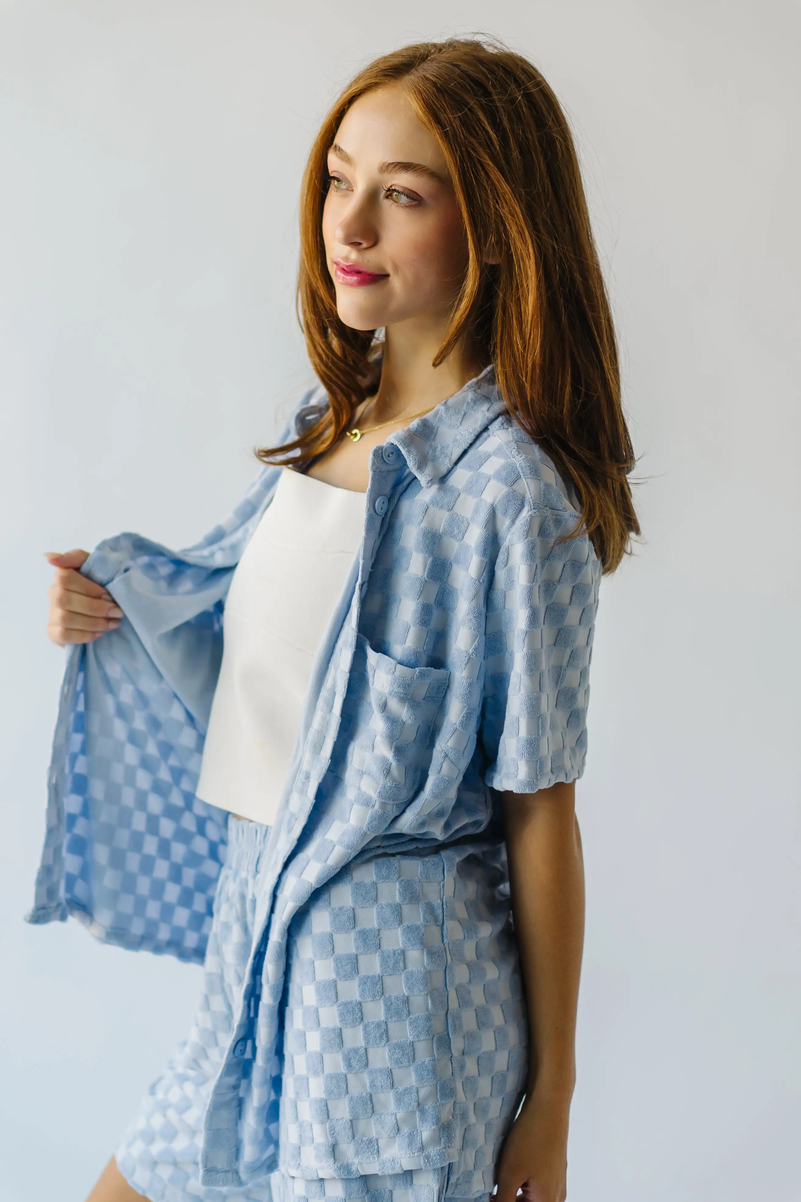 The Malone Textured Button-Up Blouse in Blue Check