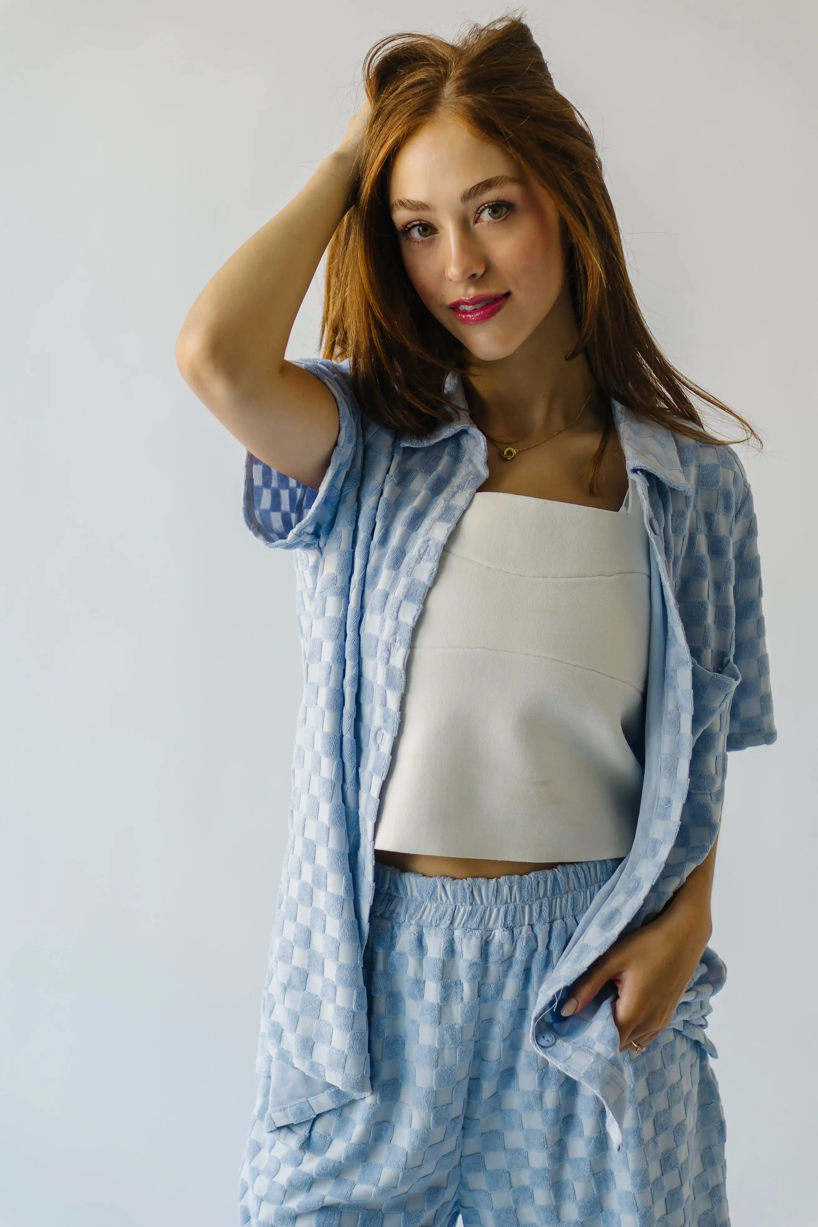 The Malone Textured Button-Up Blouse in Blue Check