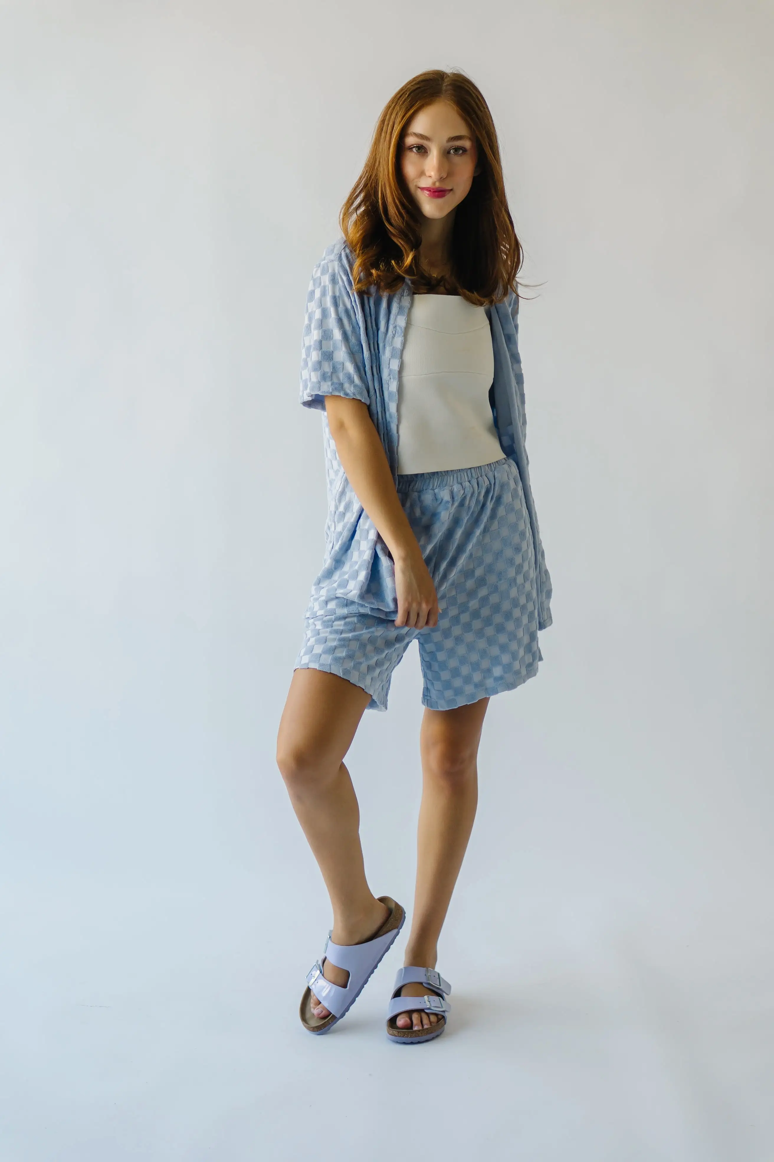 The Malone Textured Button-Up Blouse in Blue Check