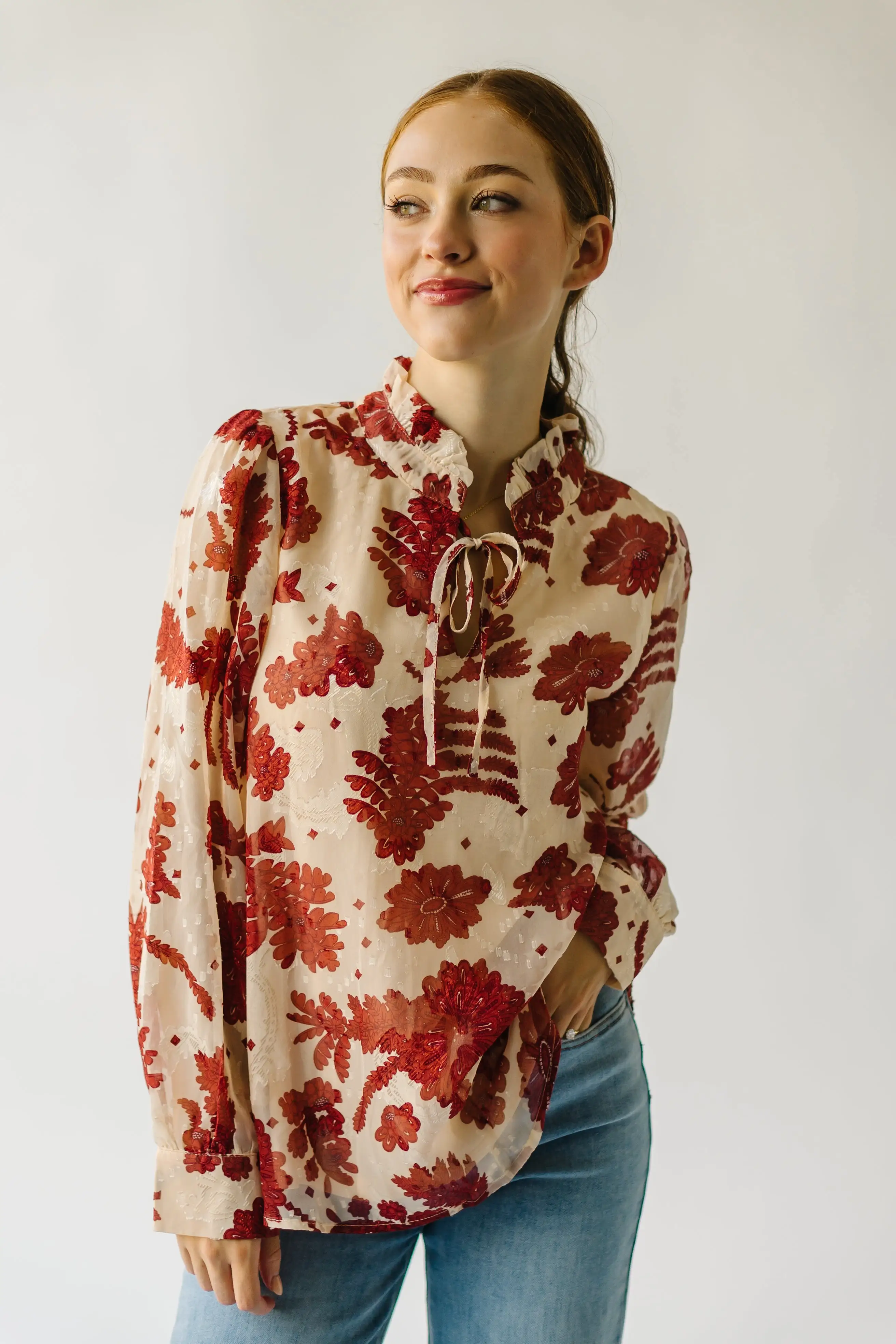 The Medina Ruffle High Neck Blouse in Cream Multi