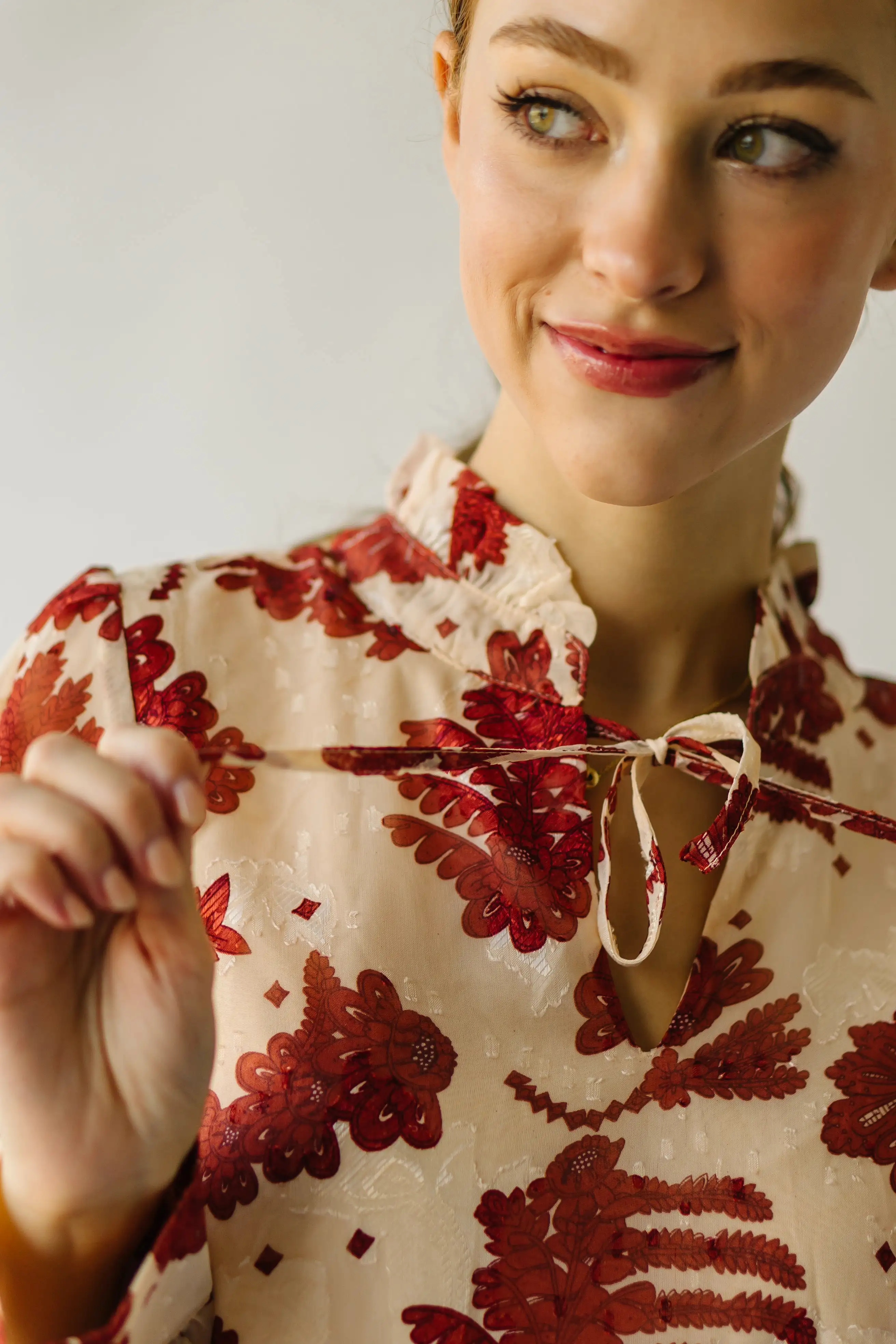 The Medina Ruffle High Neck Blouse in Cream Multi