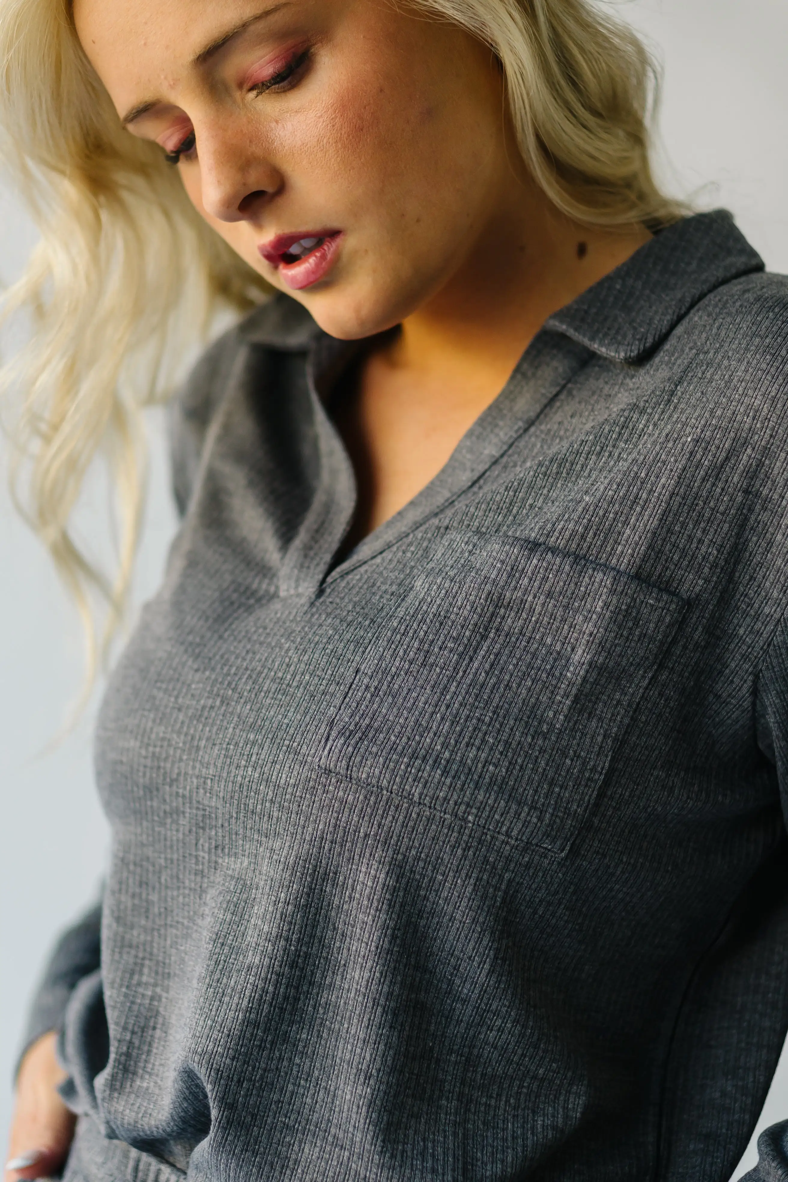 The Melton Textured Polo Blouse in Charcoal