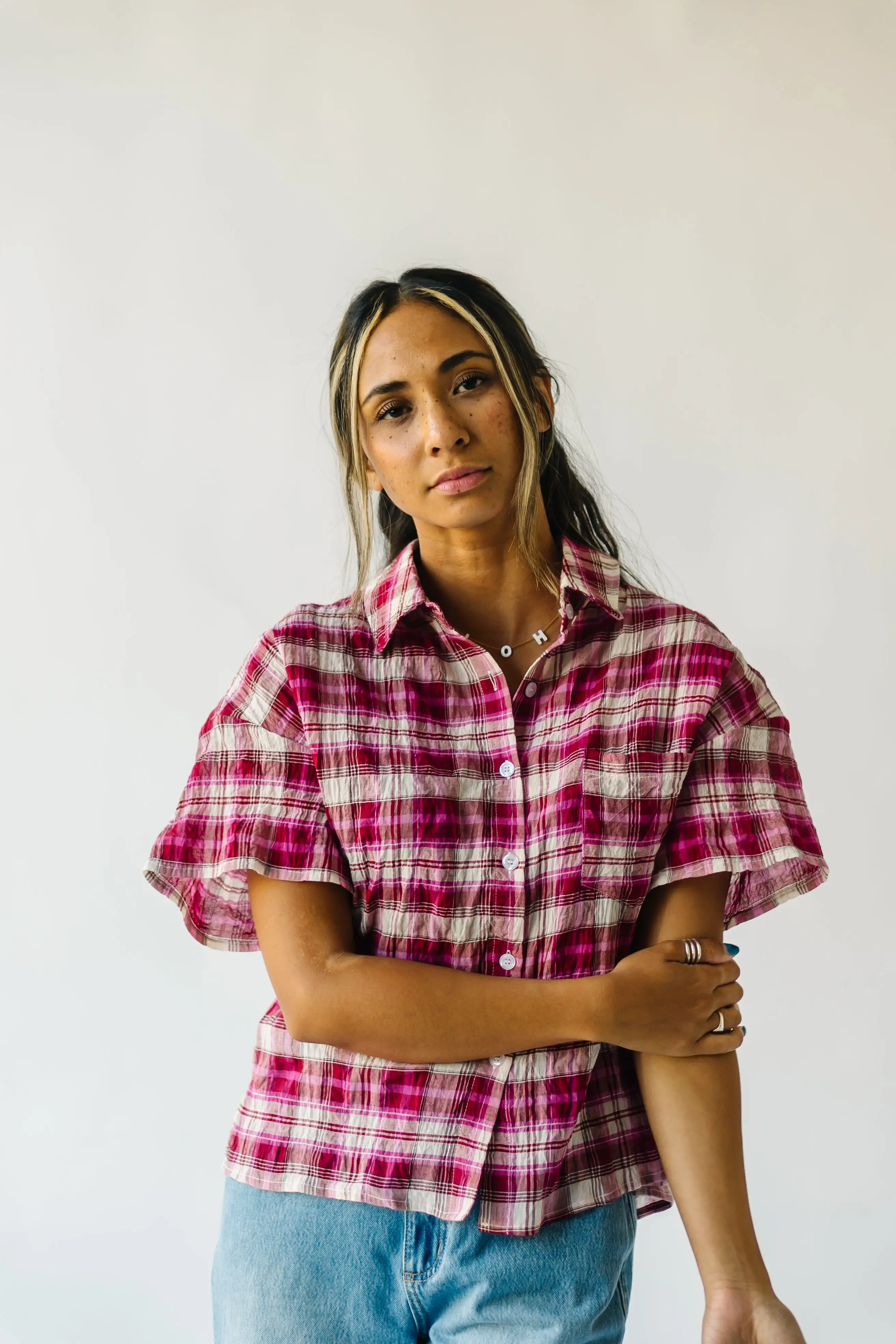 The Motley Checkered Blouse in Fuchsia