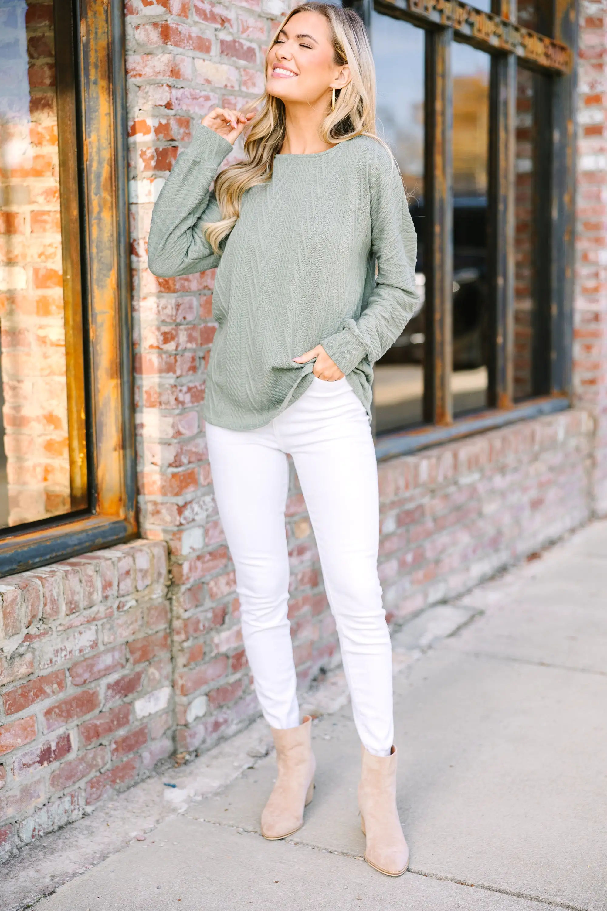 The Slouchy Olive Green Cable Knit Top