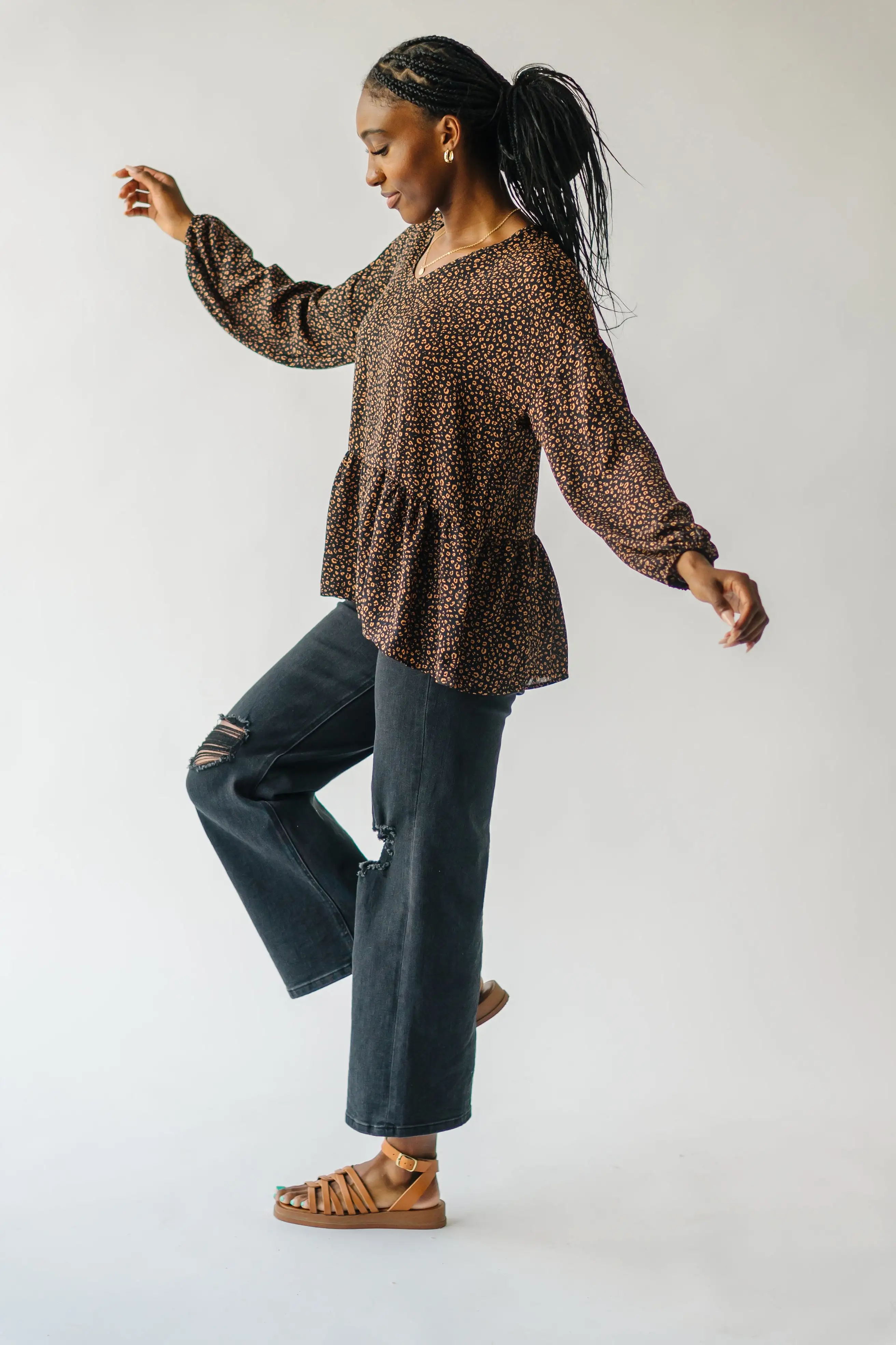 The Solana V-Neck Cheetah Peplum in Black + Terracotta