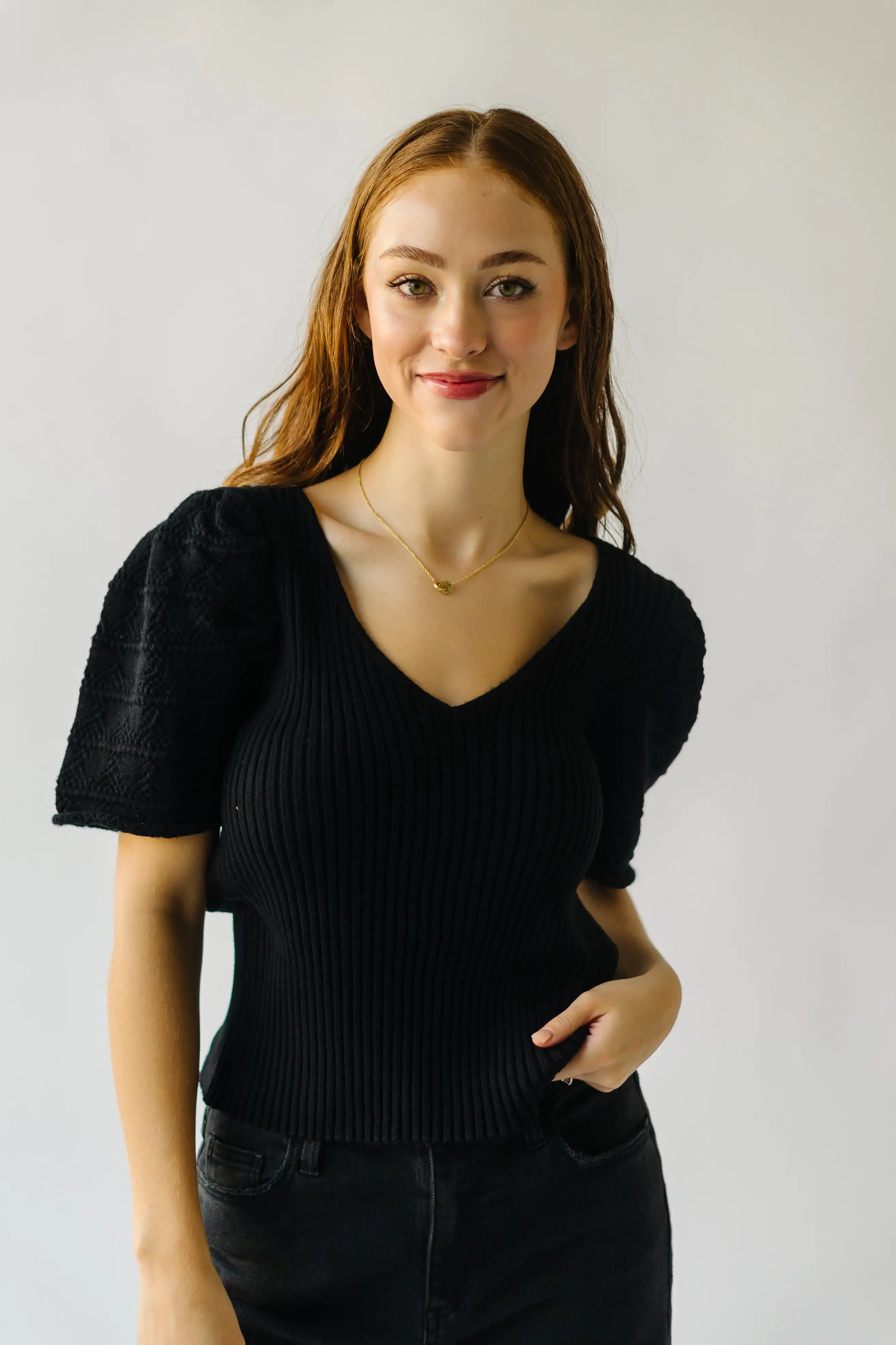 The Tampico Crochet Puff Sleeve Blouse in Black