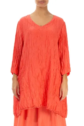 Twin Pockets Crinkled Living Coral Silk Linen Tunic