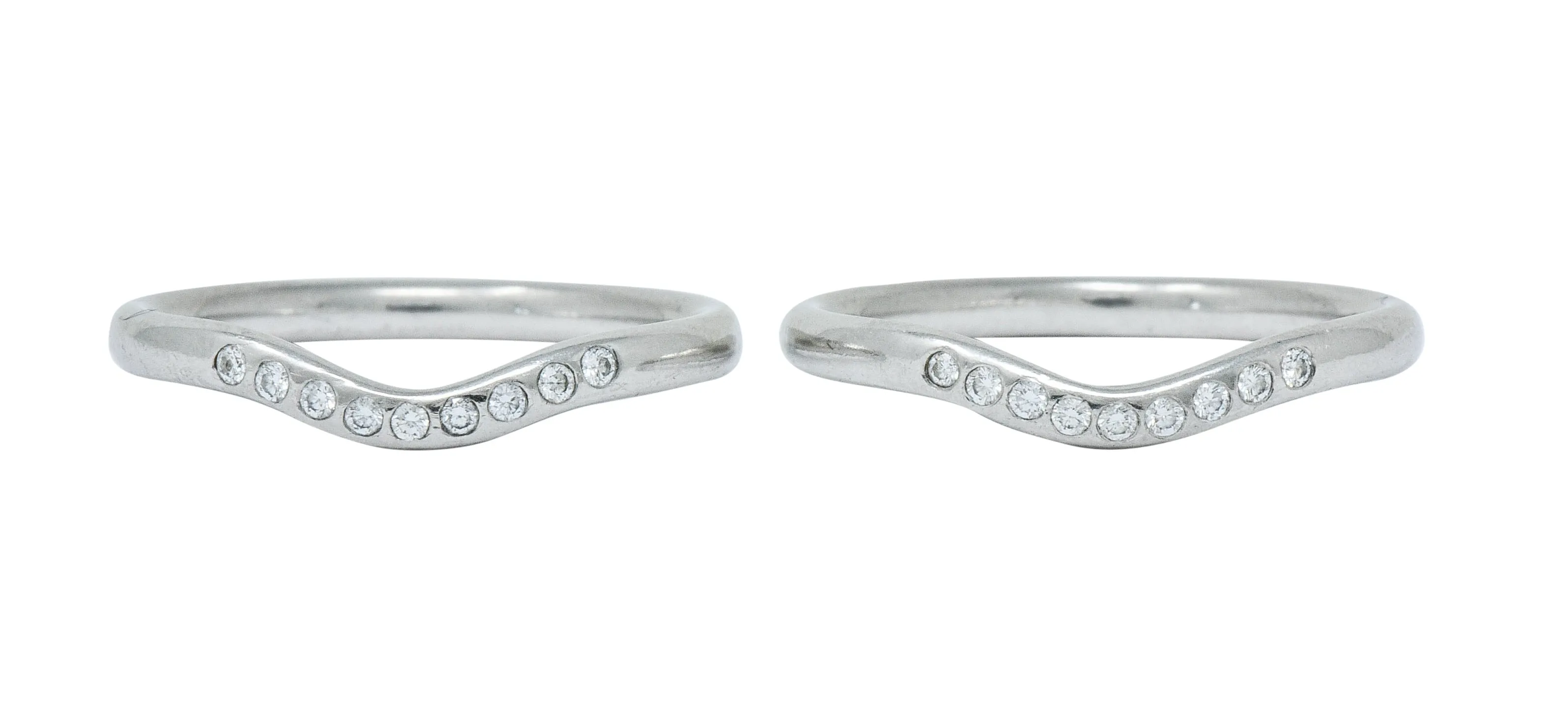 Two Tiffany & Co. Vintage Diamond Platinum Chevron Contour Stacking Band Rings