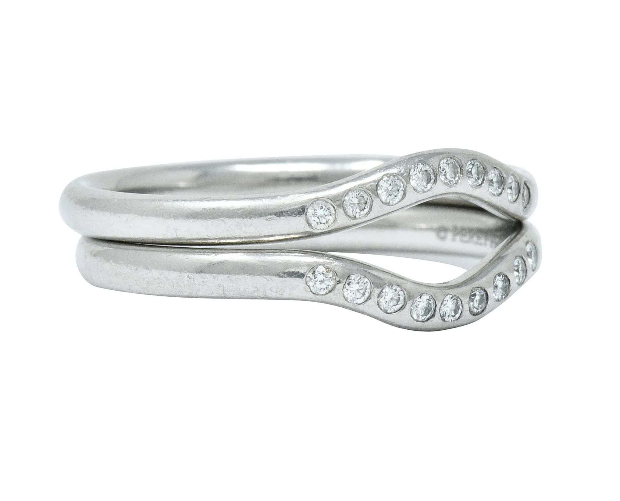 Two Tiffany & Co. Vintage Diamond Platinum Chevron Contour Stacking Band Rings