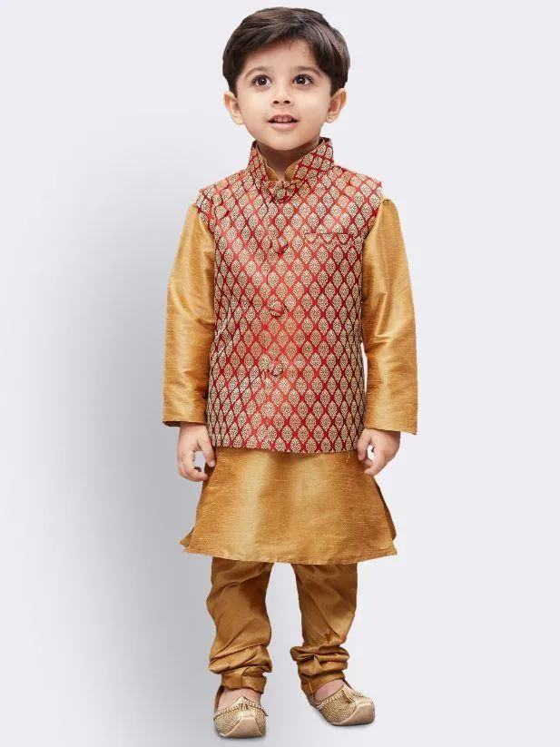 Vastramay Boys' Gold Silk Cotton Blend Kurta, Waistcoat and Pyjama Set