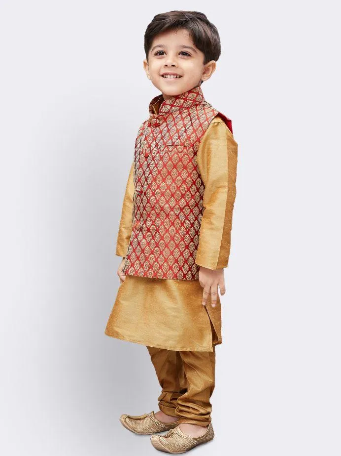 Vastramay Boys' Gold Silk Cotton Blend Kurta, Waistcoat and Pyjama Set