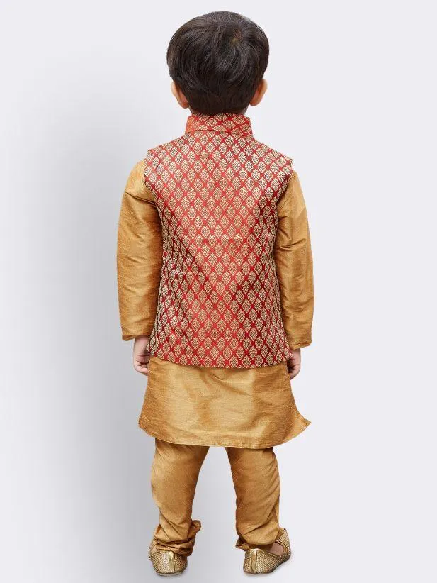 Vastramay Boys' Gold Silk Cotton Blend Kurta, Waistcoat and Pyjama Set