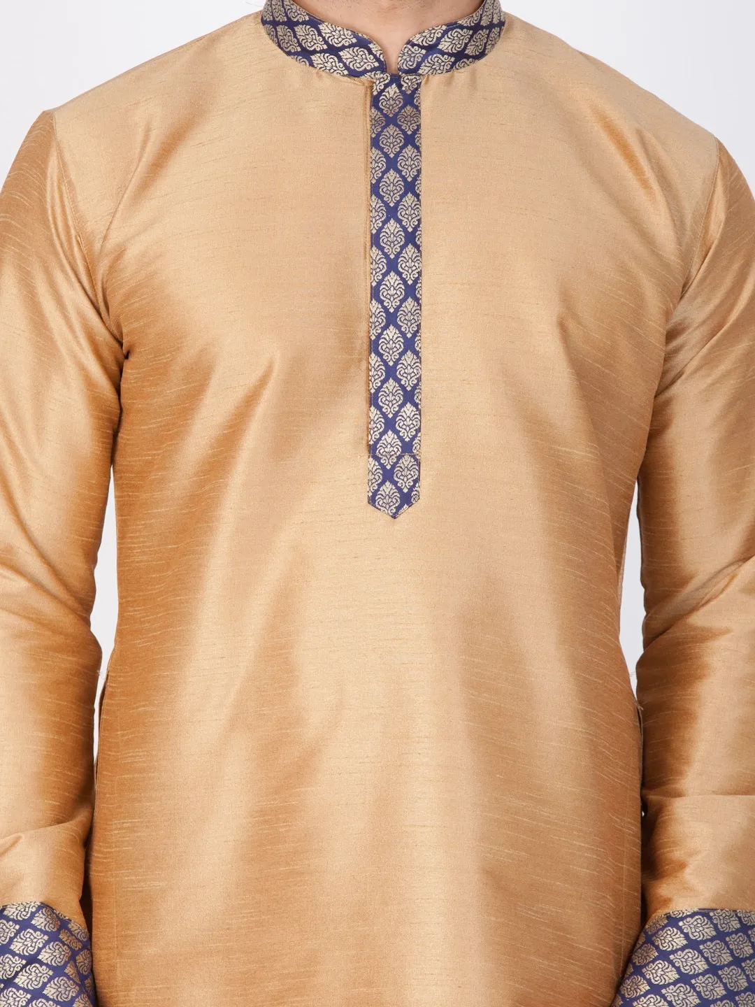 VASTRAMAY Men's Gold Cotton Silk Blend Kurta, Ethnic Jacket and Pyjama Set