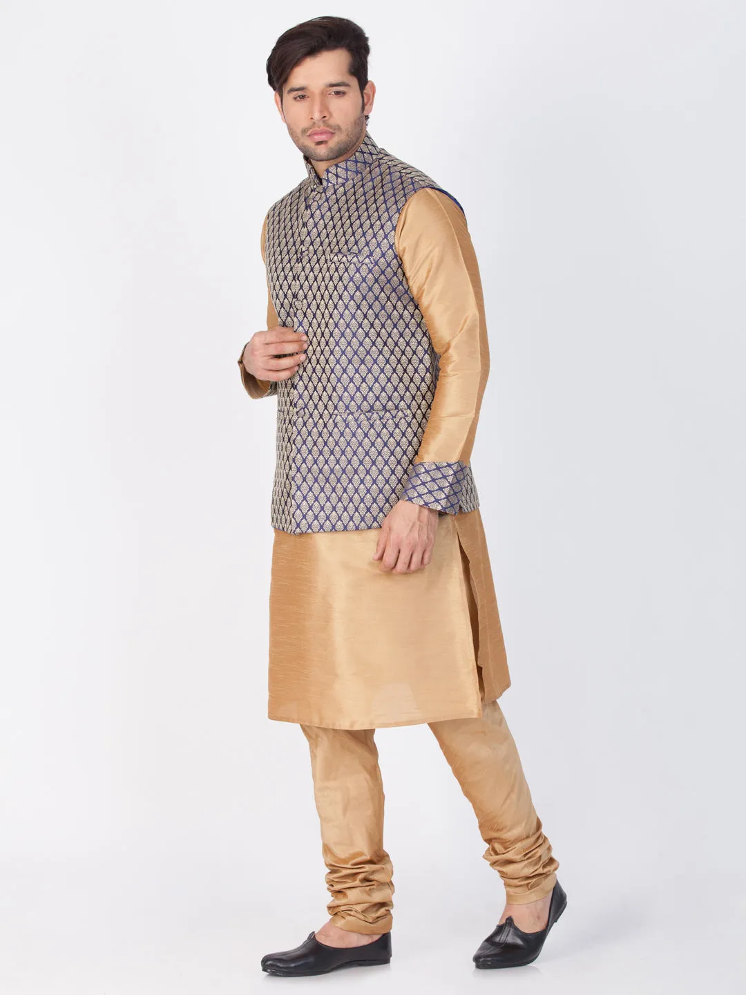 VASTRAMAY Men's Gold Cotton Silk Blend Kurta, Ethnic Jacket and Pyjama Set