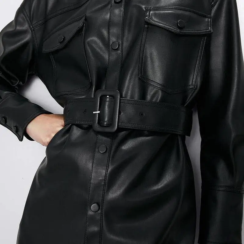 Vegan Leather Button Down Belted Jacket