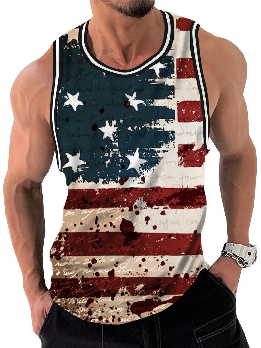 Vintage American Flag Print Crew Neck Tank Top