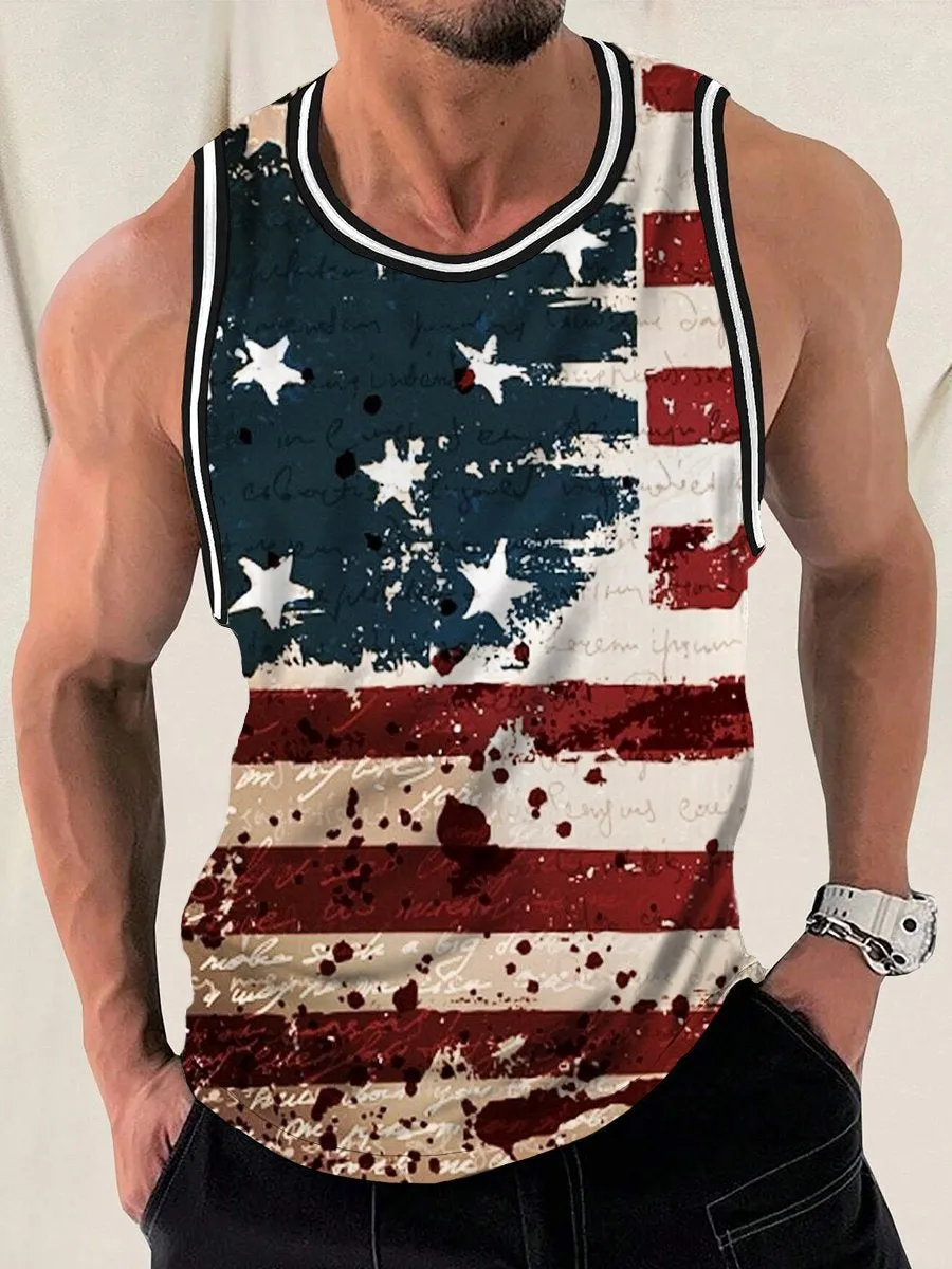 Vintage American Flag Print Crew Neck Tank Top