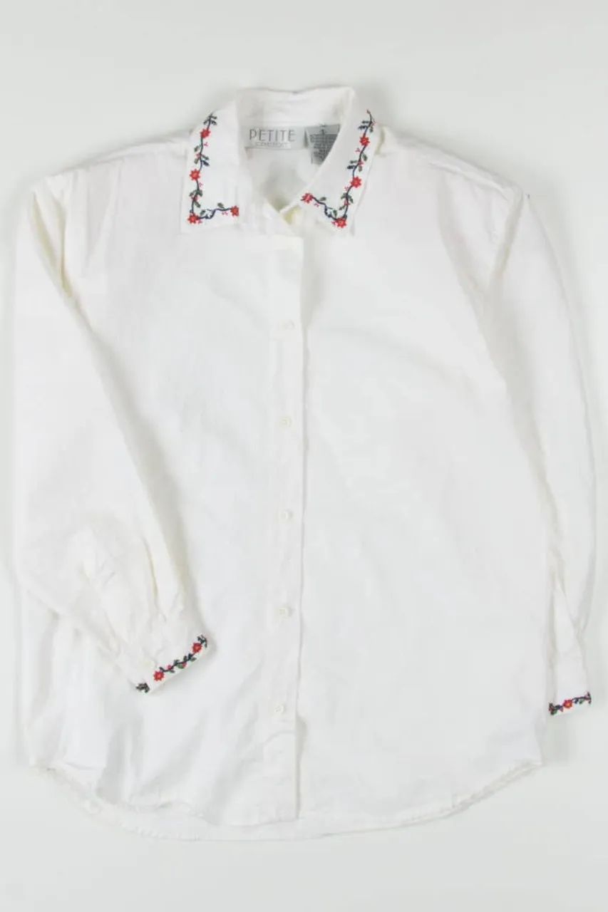 White Floral Embroidered Trim Button Up Shirt