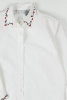 White Floral Embroidered Trim Button Up Shirt