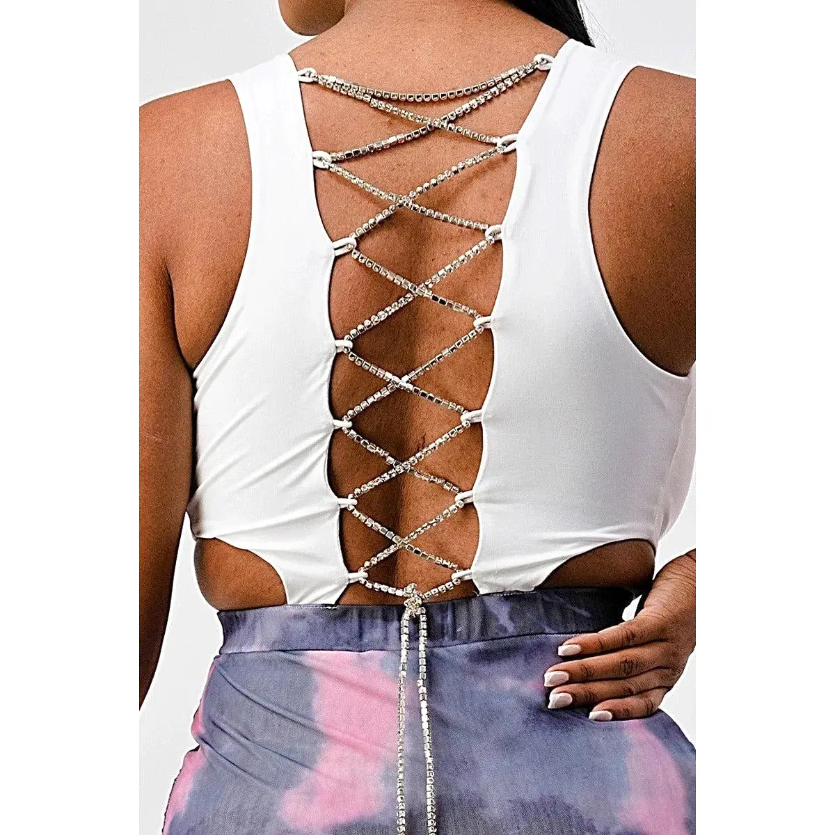 White Sleeveless Top With Detachable Rhinestone Cross Open Back With Bodycon Tie Dye Ruched Mini Dress