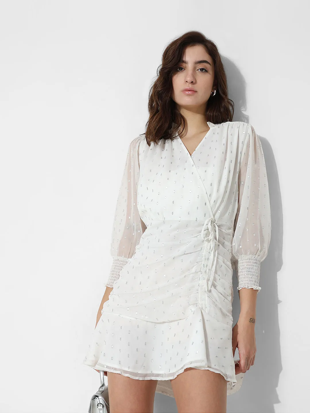 White Textured Weave Wrap Dress