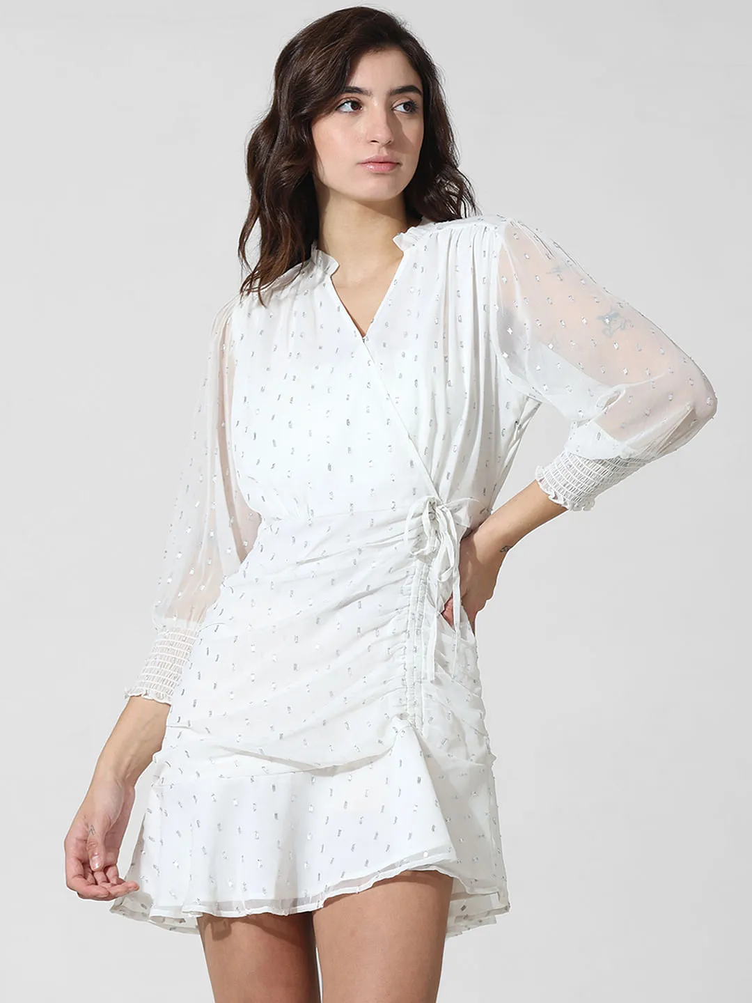 White Textured Weave Wrap Dress