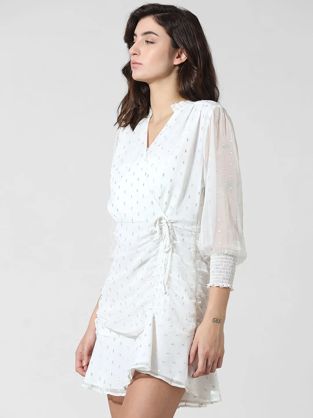 White Textured Weave Wrap Dress