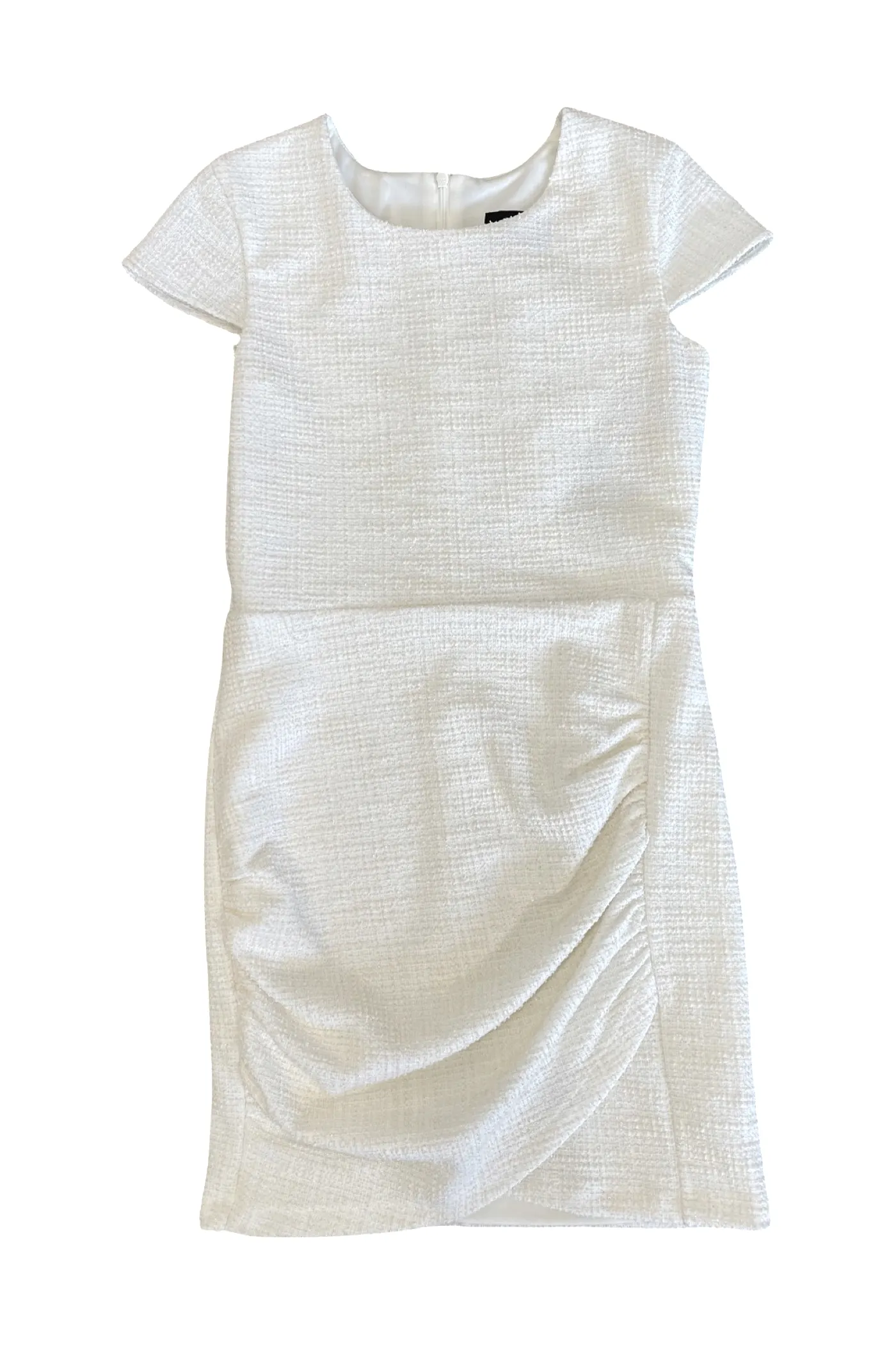 White Tweed Cap Sleeve Ruched Dress