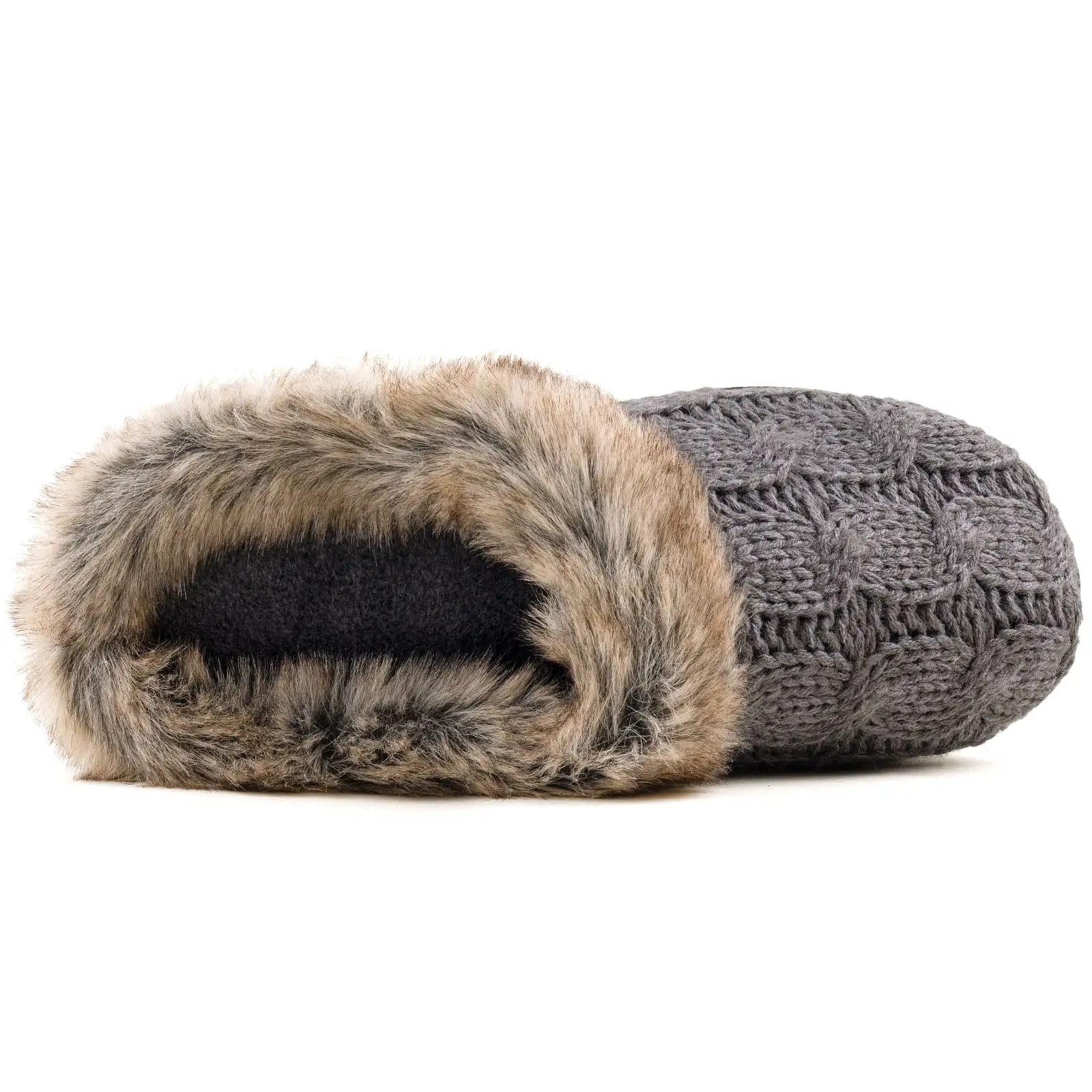 Women's Cable Knit Faux Fur Collar Slipper